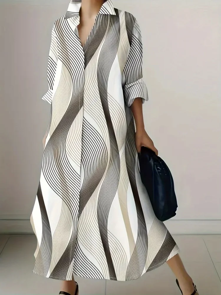 

Stripe Geometric Print Button Front Shirt Dress Fashion Vacation Long Sleeve Shirt Dresses Outdoor Women's Clothing Loose