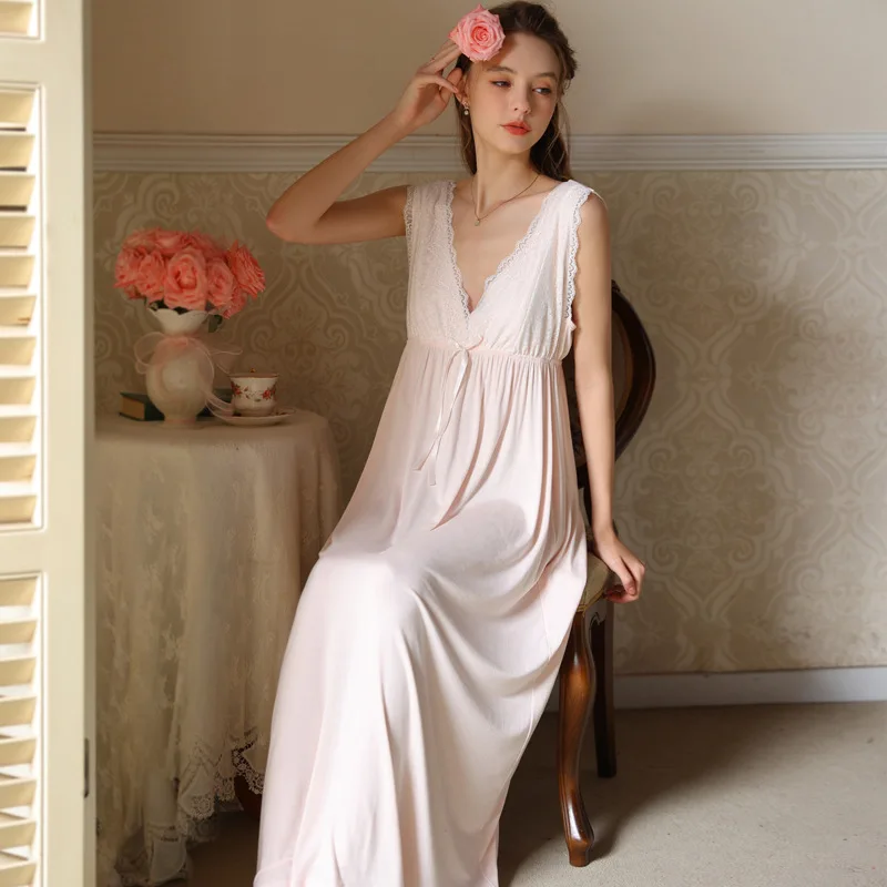 Women Sexy V-Neck Soft Viscose Long Nightdress Summer Sleeveless Ankle-Length Nightgowns Princess Lace Modal Cotton Nightie New