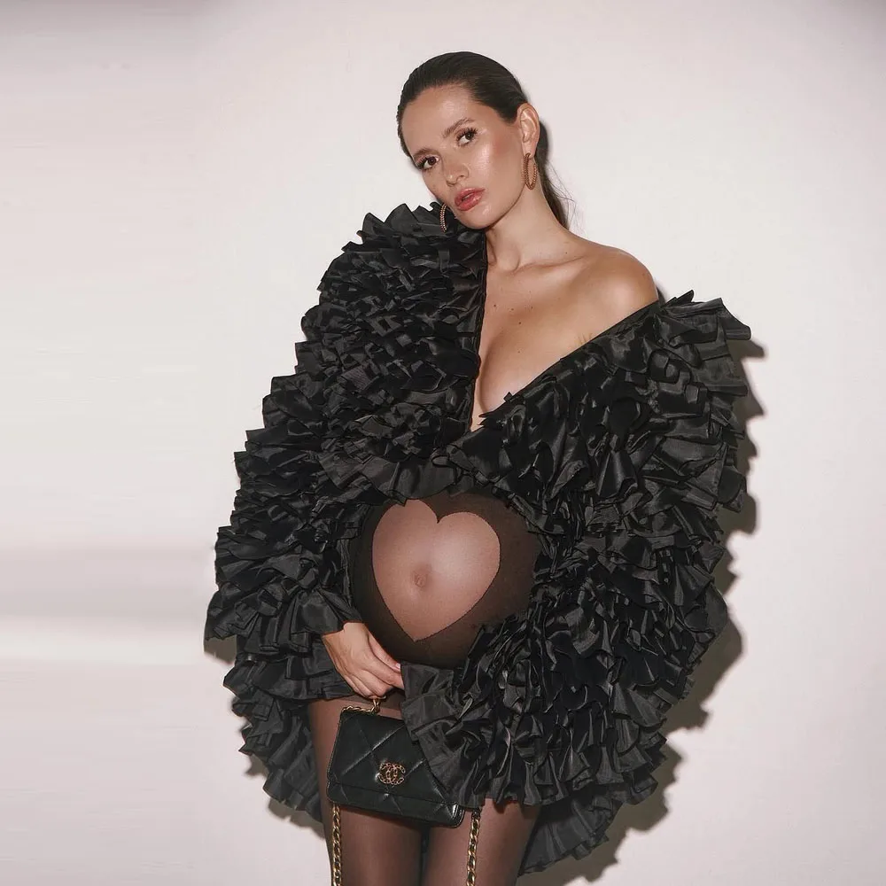 

Black Organza Layered Short Women Jackets Puff Sleeves Maternity Women Jacket Outerwear To Photoshoots Coat