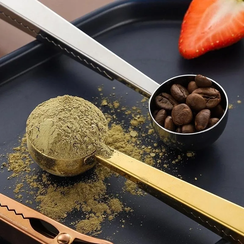 Two-in-one Stainless Steel Coffee Spoon Seal Clip Kitchen Coffee Scoop Food Seal Clip Multi-function Coffee Bean Measuring Spoon