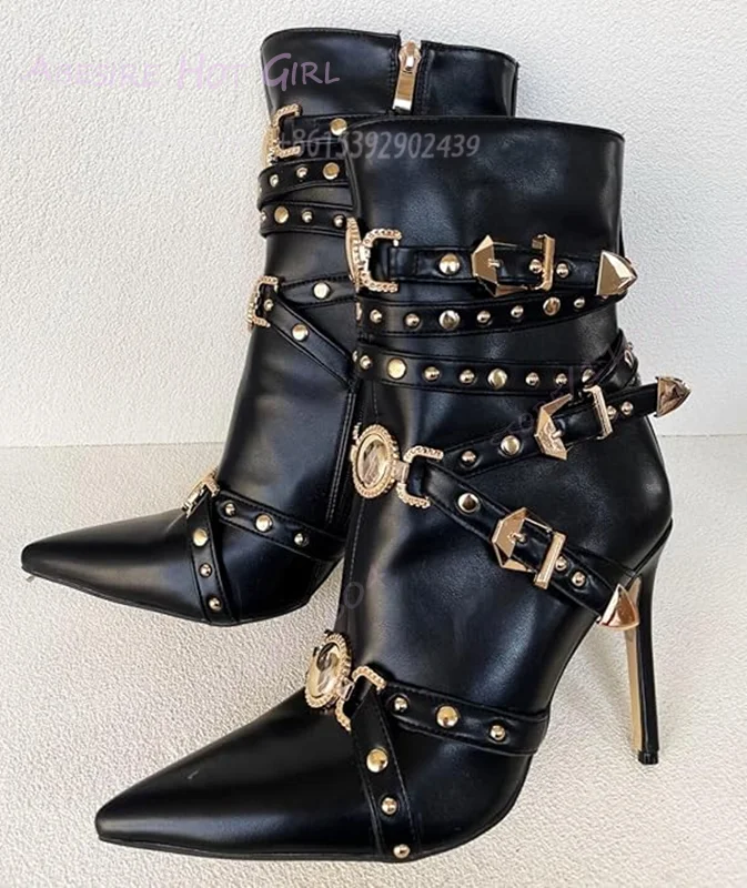 Gold Rivet Buckle Black Leather Calf Boots Women Belt Buckle Pointed Zipper Office Lady Stiletto Party Casual Bordered Shoes