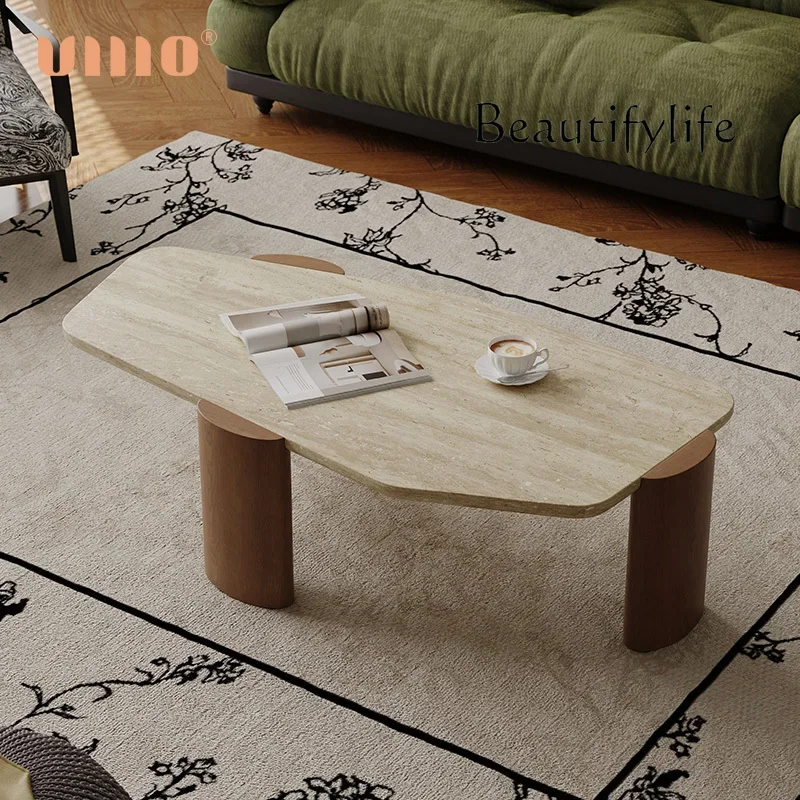 

Cream Style Solid Wood Tea Table Natural Cave Stone Tea Table Living Room Home Creative Shaped Tea Table