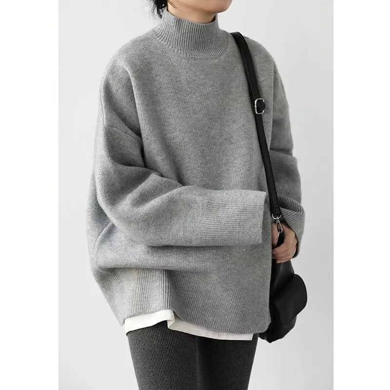 

Winter Warm Pullover Sweater Women Europe and America Fashion Simple Solid Color Loose Half-high Neck Knitted Top Sweater Jumper