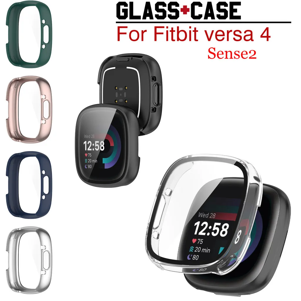 

Case For Fitbit Versa 4 Sense 2 Hard PC Cover Case + HD Tempered Glass Anti-scratch Screen Protector