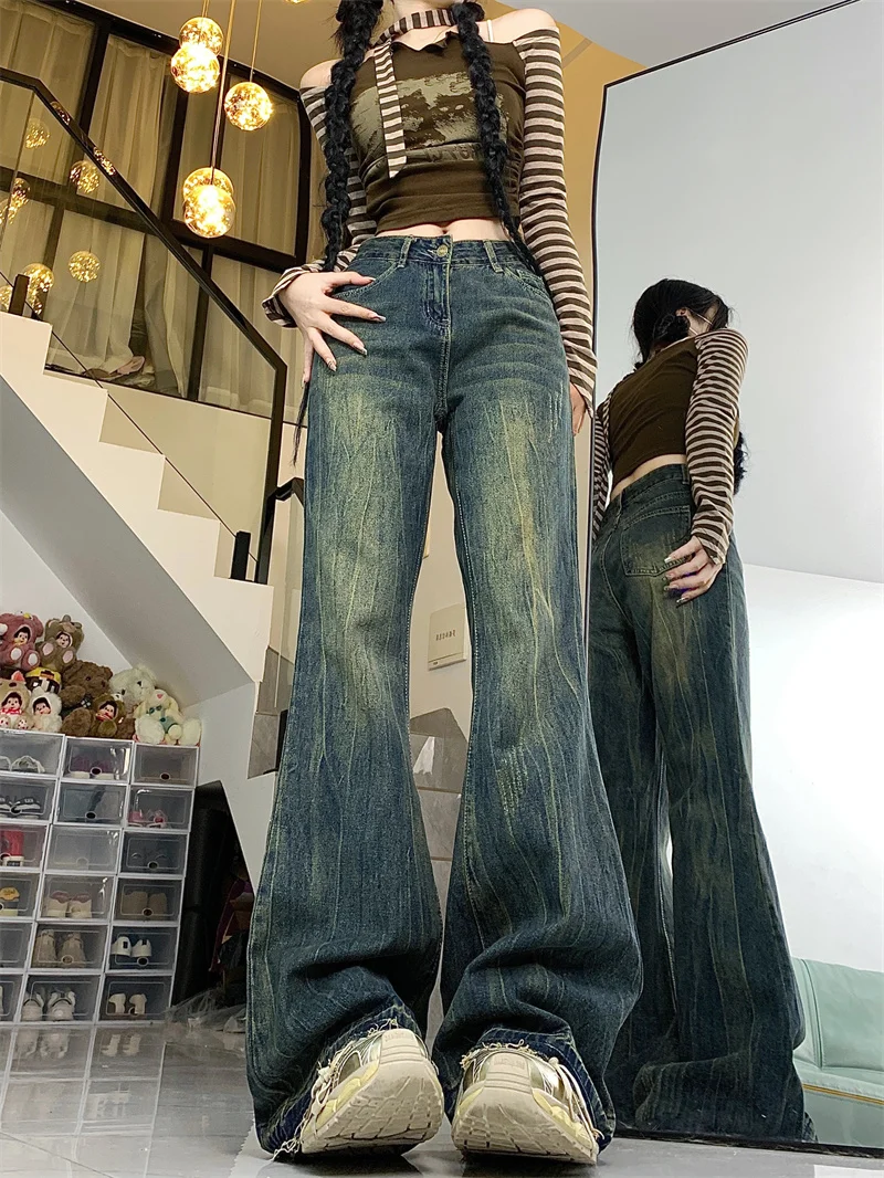 

Джинсы-боты в американском стиле ретро больших размеров, женские свободные брюки с высокой талией для похудения, прямые брюки длиной до пола, осенняя мода