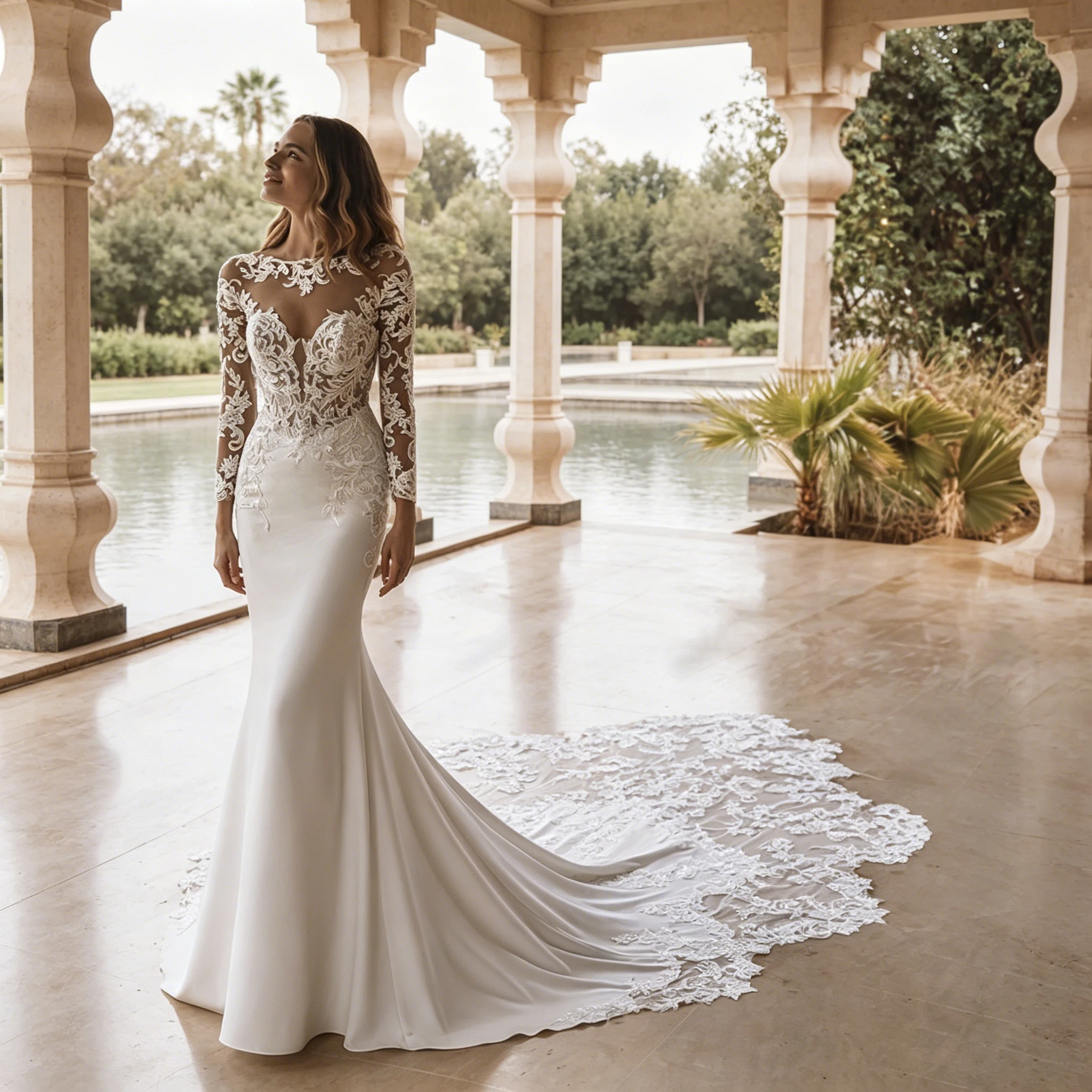 Langärmliges Meerjungfrauen-Brautkleid mit Illusionsausschnitt und Spitze, Satin, figurbetont, mit Schleppe, Perlen und Knöpfen am Rücken, maßgeschneidert – Vestido De Novia
