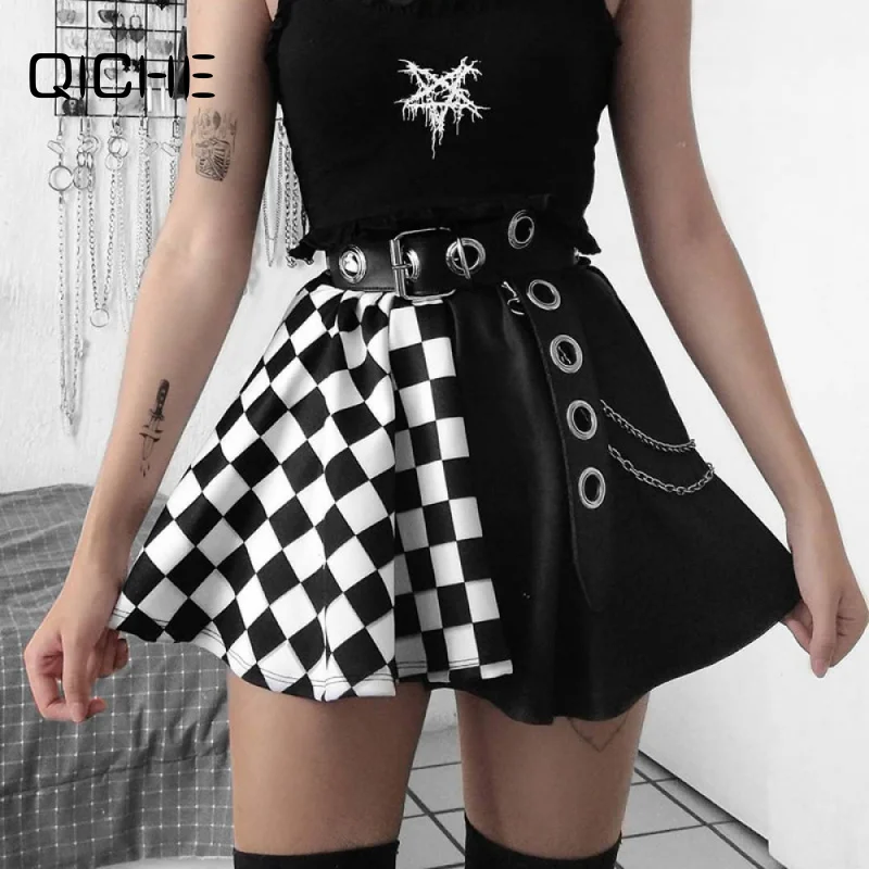 QICHE 2026 Summer Women Dark Fashion Houndstooth Patchwork Skirt French High Waist Color Block Midi Skirt