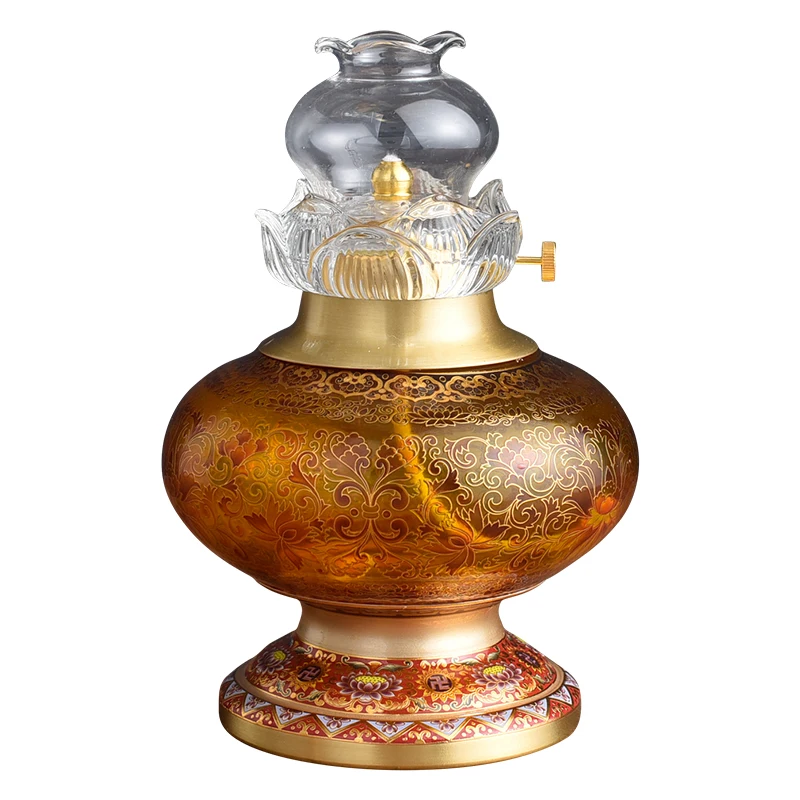 

Pure Copper Oil Lamp Buddha Worship Lamp Holder Household Butter Lamp Buddha Front Lantern Candlestick Glass Lotus Windproof