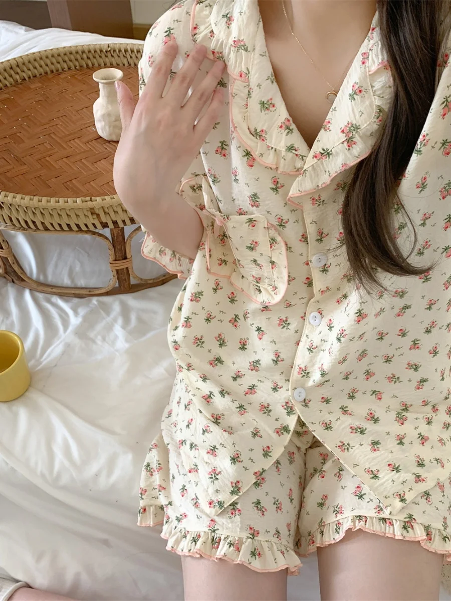 

Sweet Floral Cotton Pajamas Women's Set Summer Breathable Comfortable Home Clothes ort Sve V-Ne Spwear Outfit