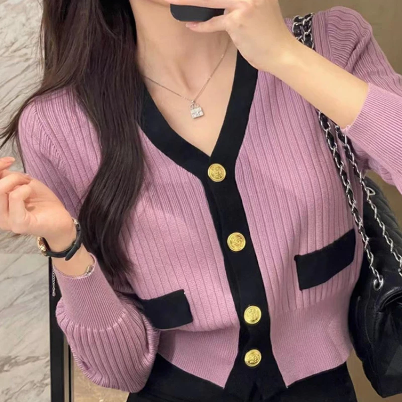 

Spring Autumn French Gentle High Quality Knitted Cardigan Women Fashion Elegant Short V-neck Single-breasted Knitted Top Sweater