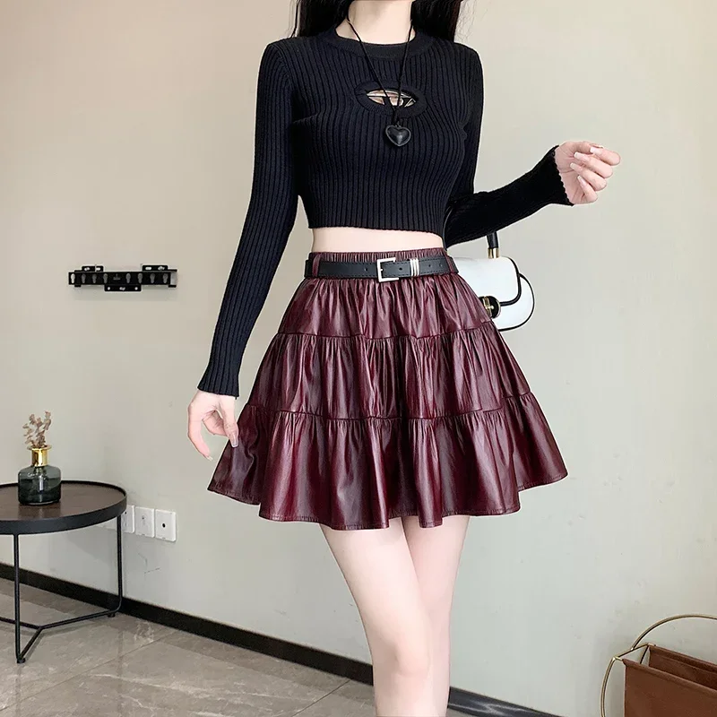 CASUMANL Brand PU Leather Skirts Females 2024 Autumn New Autumn Vintage Cake Skirt Womens Sexys Cuteore Youthful Woman Clothes