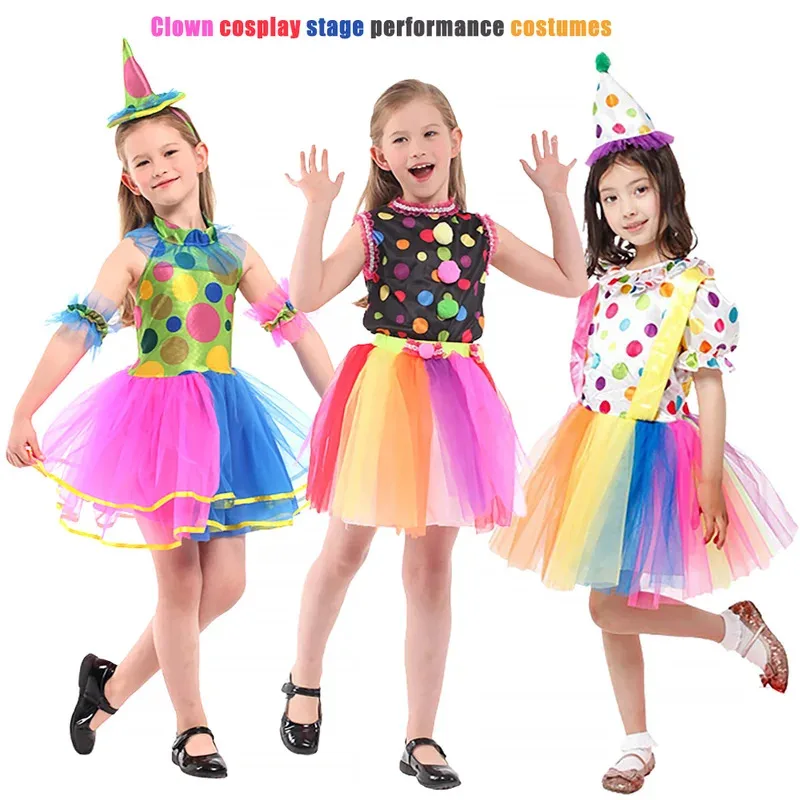 Детский цирковой клоун, разноцветный нарядный косплей для девочек, детский костюм клоуна, забавный милый костюм, включает в себя парик, обувь, нос Детский цирковой клоун, разноцветный нарядный косплей для девочек, детский костюм клоуна, забавный милый костюм, включает в себя парик, обувь, нос
