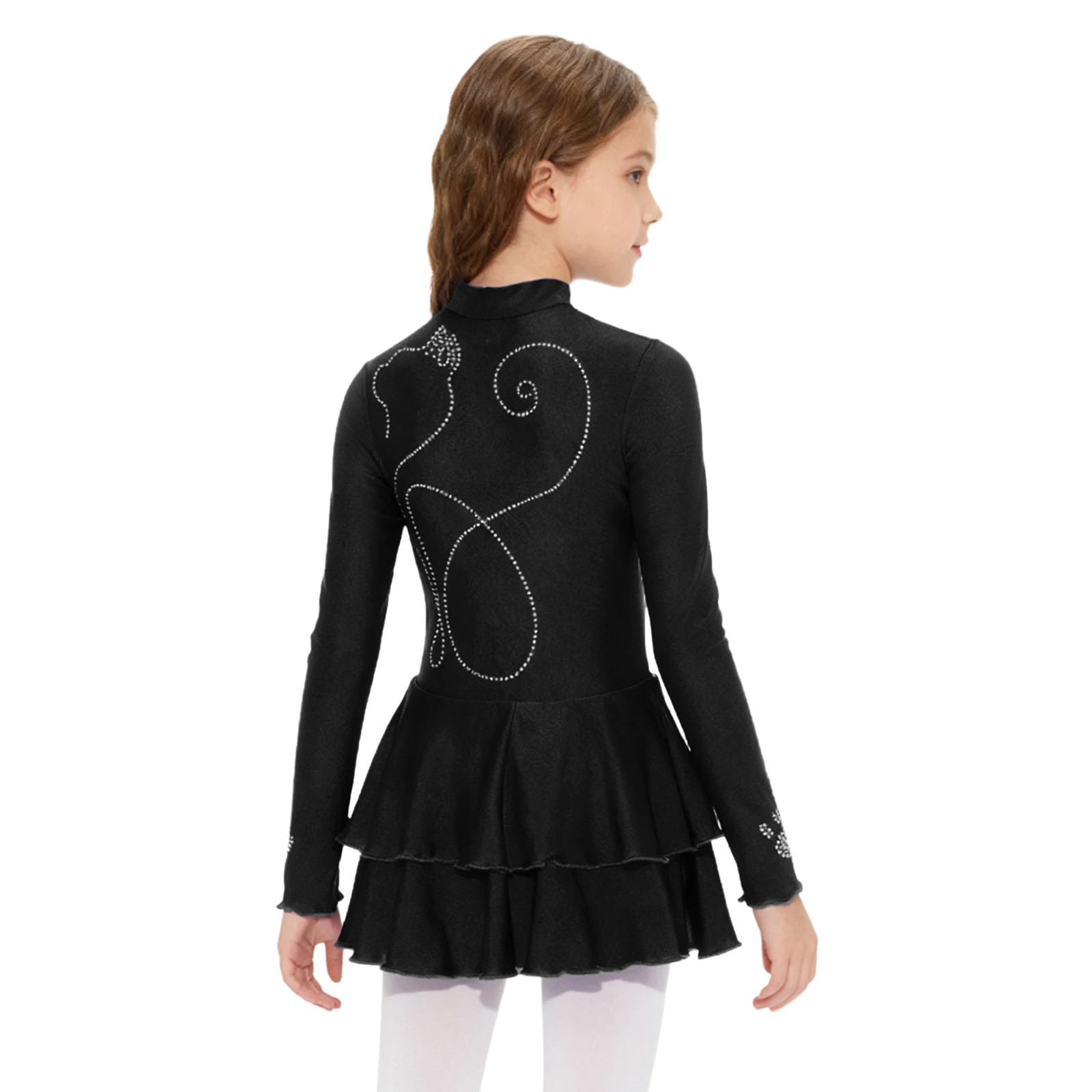 Kids Girls Figure Skating Dress Rhinestones Gymnastics Leotard Ballet Tutu Dress Dance Performance Costume with Built-in Briefs