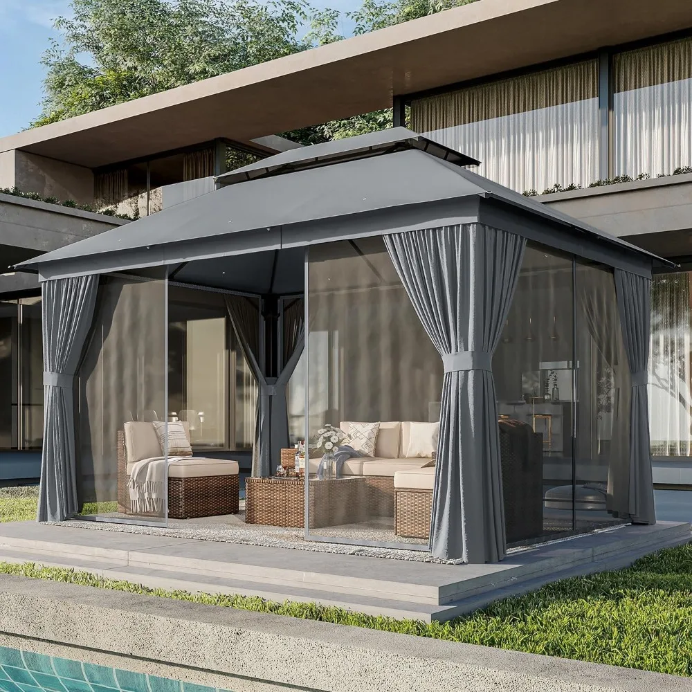 

Outdoor Gazebo for Patio 10x12, Metal Frame Canopy with Double Roofs, Heavy Duty Party Tent and Shelter with Mosquito Nett