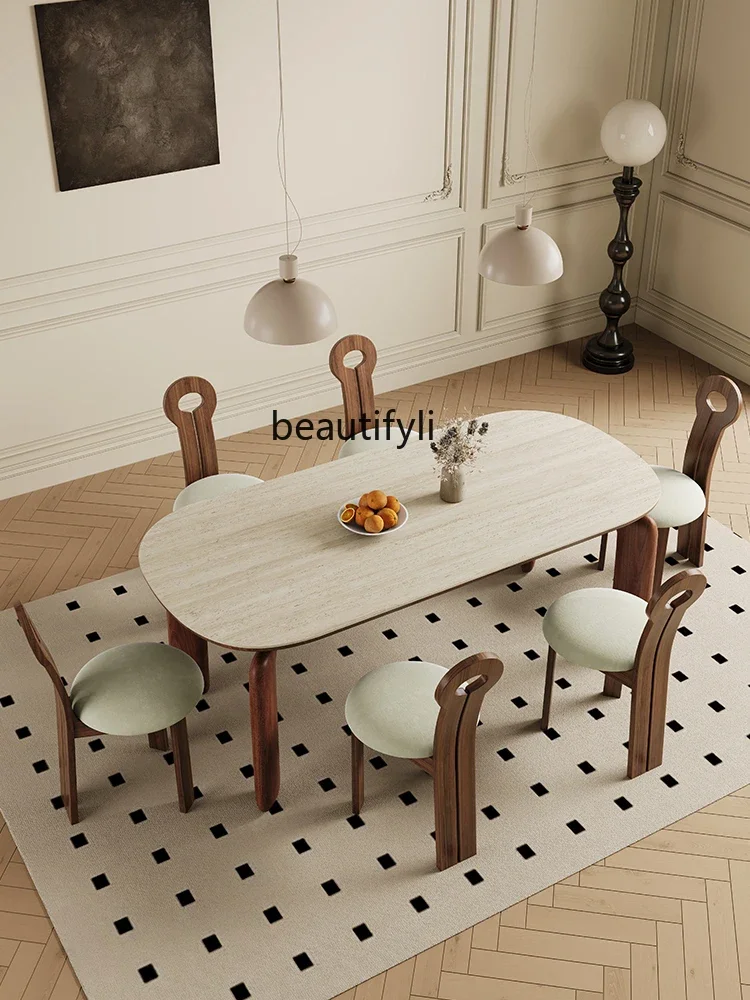

A13 Retro Style Solid Wood Cave Stone Stone Plate Mid-Ancient Walnut Dining Table Modern Oval Home Dining Table