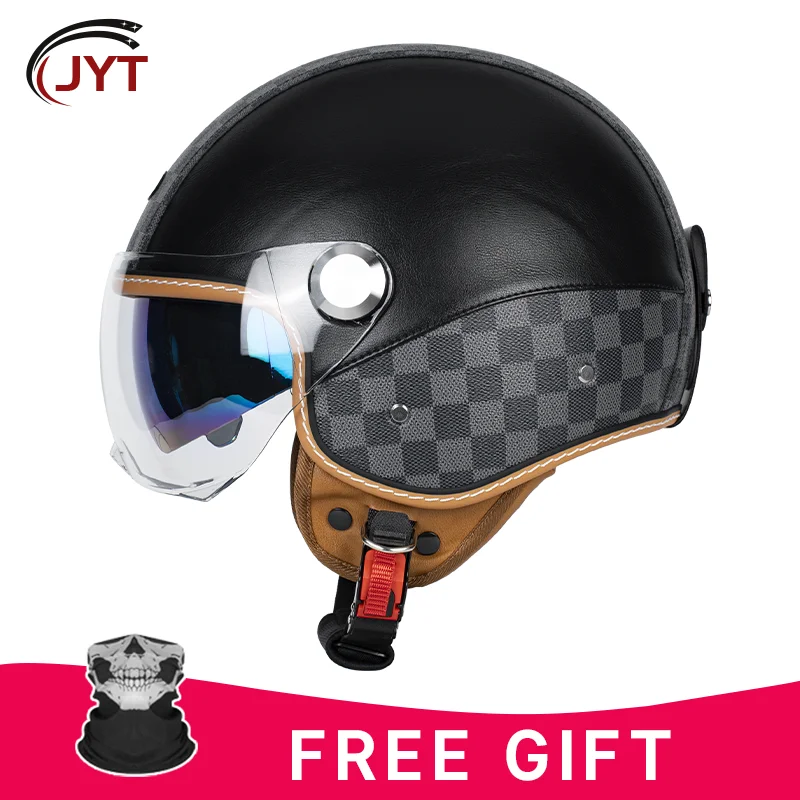 

Classic Leather Motorcycle Helmet 3/4 Open Face with Dual Lens Adjustable Strap Multiple Color Options for Men and Women Riders