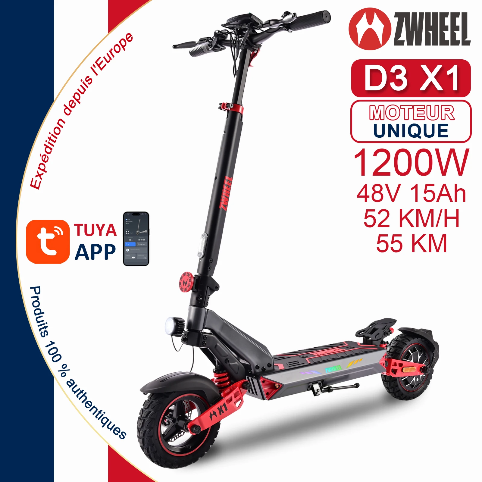 ZWHEEL D3 X1, trottinette électrique adulte pliable, 1200 W en crête, batterie 48 V, autonomie 55 km, freins à disque doubles, suspension antichoc, pneus tout-terrain 10 pouces, poignées antidérapantes, feux latéraux 10 couleurs, contrôle APP, stock en UE