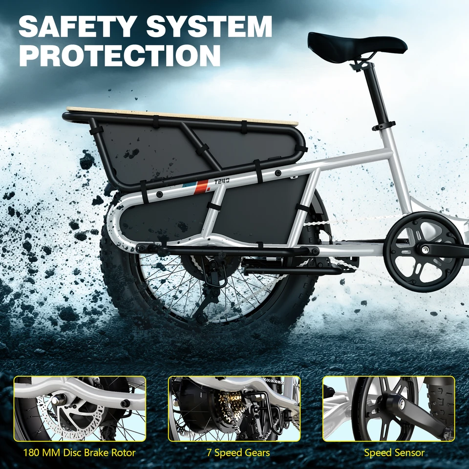 20 Inch Long Tail Electric Cargo Bike 48V Folding Urban Commuter Ebike for Family Kids Pets Large Rack City Transport image 8