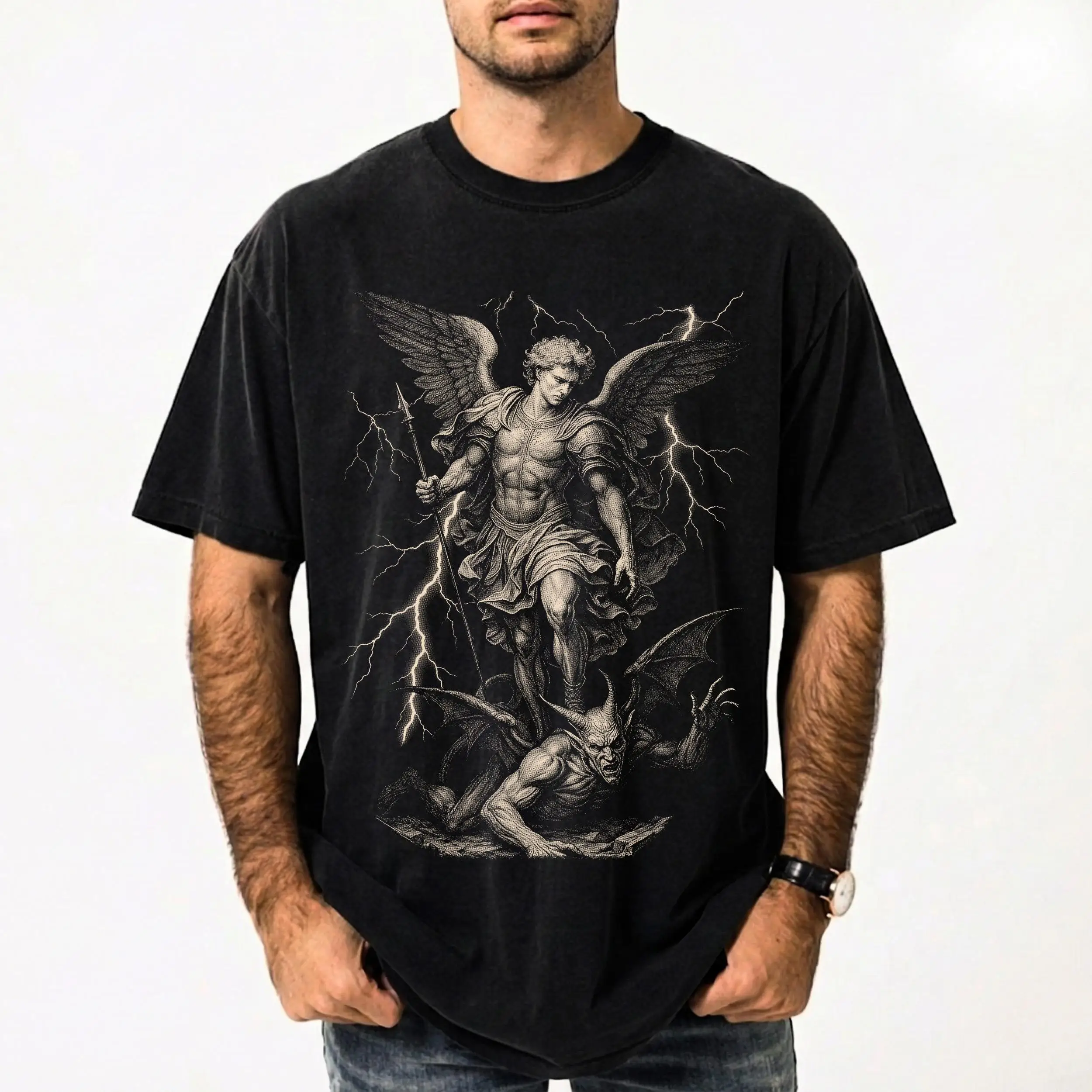 Women's Saint Michael Archangel T Shirt Vintage Catholic Protection Devotion Men Tee Unisex Vintage Oversized Loose Short Sleeve