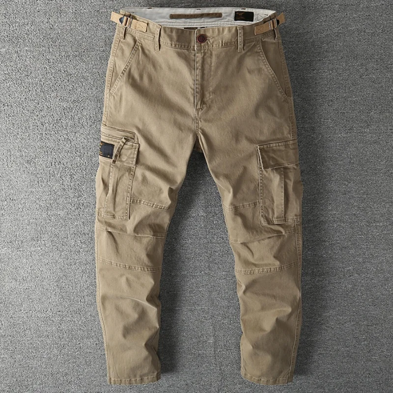 High Quality Men's American Vintage Washed Cargo Pants Multi-Pocket Straight Leg Workwear Casual Trousers