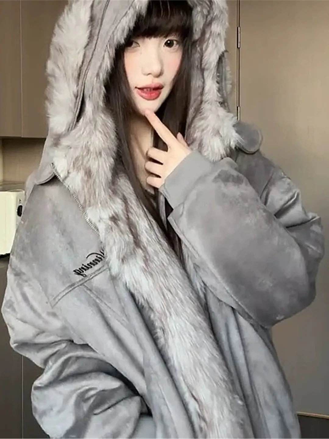 

Loose Fit Suede Cotton Jacket Women's Hooded Coat Thick Winter Outerwear Cleanfit Lazy Style Commute Korean Version