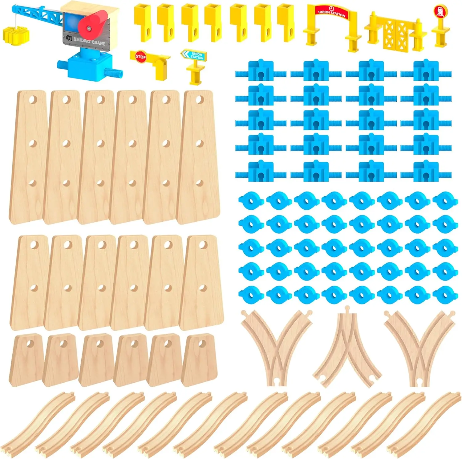 Set Konstruksi Bangun & Main - Sistem Kereta Api Kayu Modular STEM, Kompatibel dengan Semua Merek Utama (Paket # 3 (115 Pcs) - Bangun