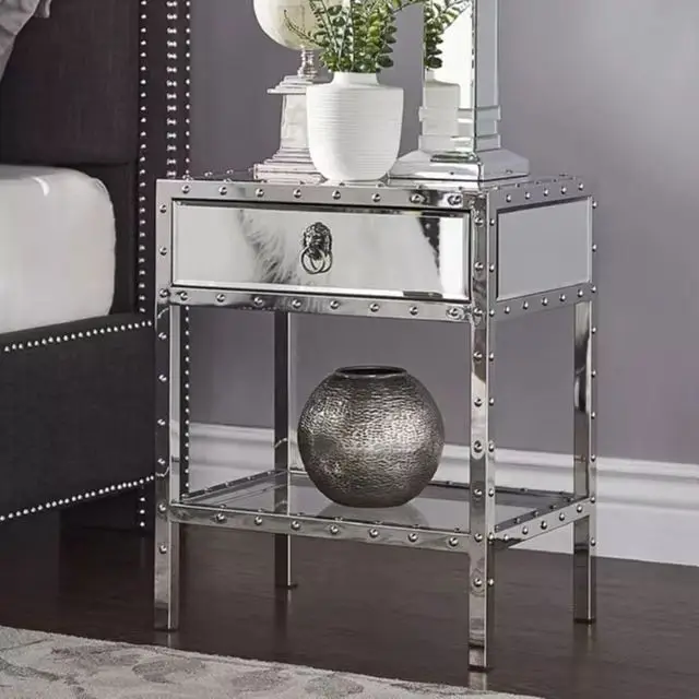 modern simple silver mirror glass stainless steel double bedside table