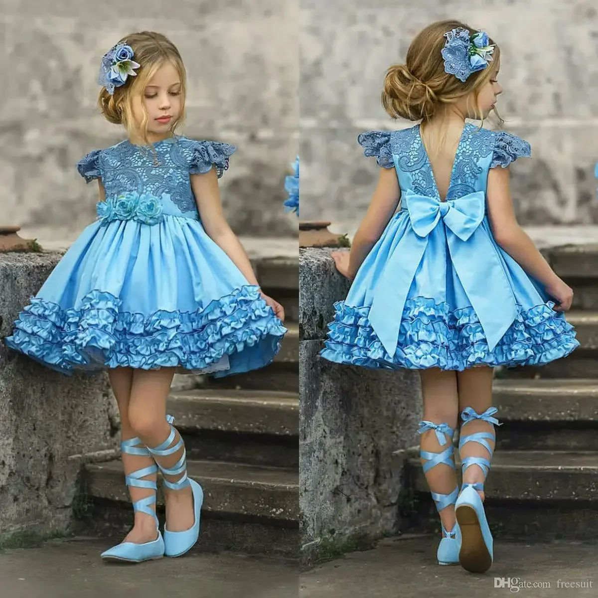 Blaue geschwollene Blumenmädchenkleider für die Hochzeit, Mini-Spitze, Satin, O-Ausschnitt, Applikation, Prinzessin, Geburtstagsfeier, Erstkommunion, Ballkleider