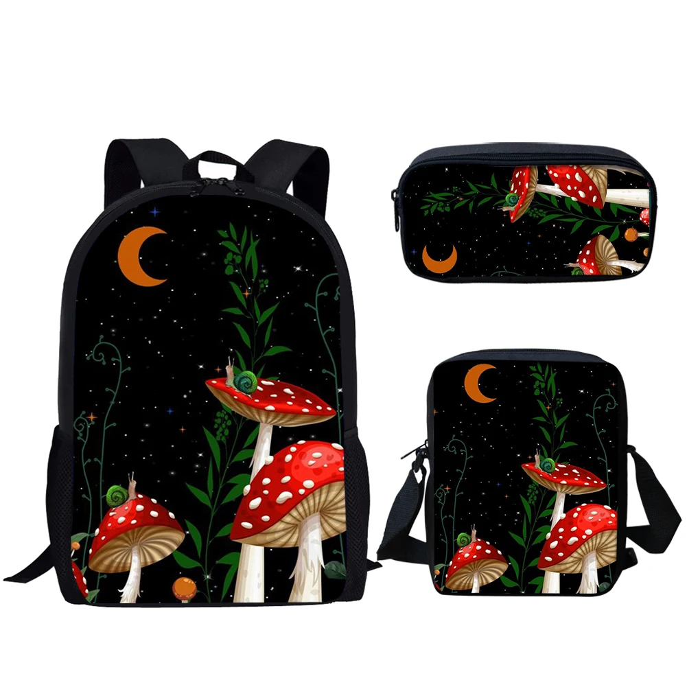 Set tas sekolah 3 buah untuk remaja, tas punggung kasual harian pelajar, ransel motif bulan jamur, kreatif, tas buku anak-anak