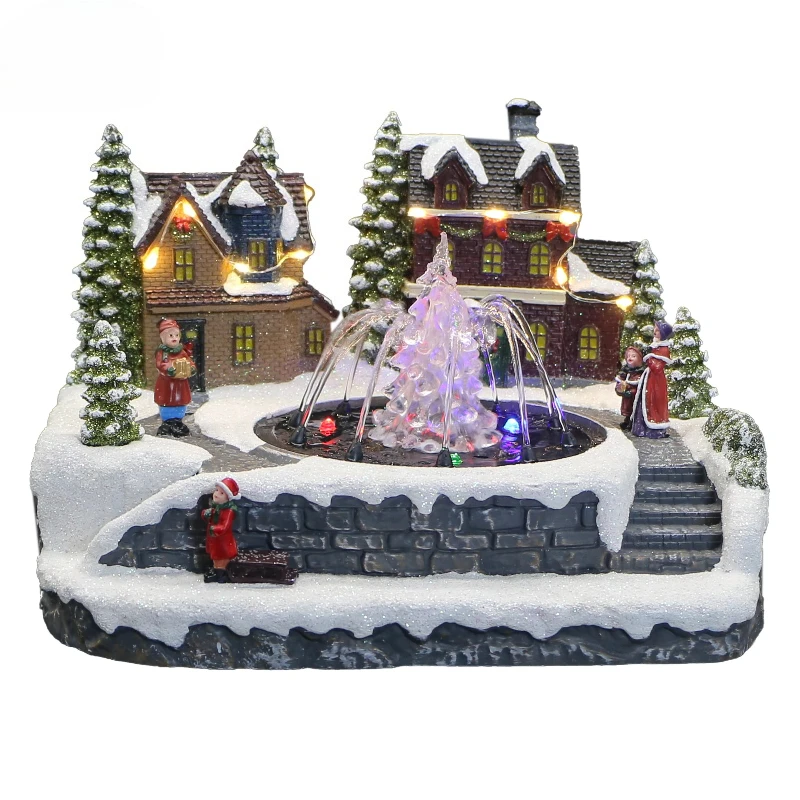 Factory Manufactured Christmas Village with Fountain Scene and Light Emitting Diode Resin Fountain Table Christmas Decorations