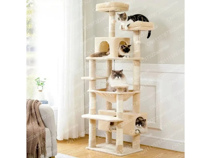 Multi-Level Cat Tree with Sisal Scratching Posts, Hammock, Cat Condo, Top Perch & Dangling Ball Toy