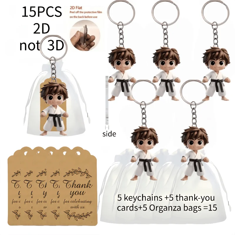 5sets Judo Decorative Keychain Includes Acrylic 2D Pendants & Thank You Cards & Gift Organza Bags Creative Hanging Decoration