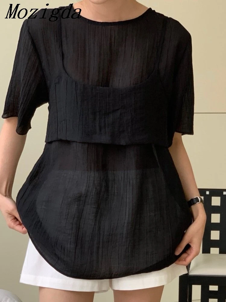 

Summer Korean Chic French Ruffled Round Neck Shirt Women Cami Set – Layered Two-Piece Matching Outfit Ladies Tops Suit