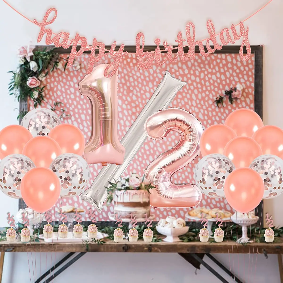 Half Birthday Decorations for Girls Rose Gold 1/2 Cake Topper Balloons Happy Birthday Banner 6 Months Birthday Party Supplies