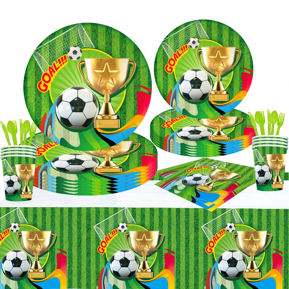 Soccer Competition Party Disposable Tableware Set Trophy Paper Plates Cups Napkins Balloon Birthday Party Decor Boys Baby Shower