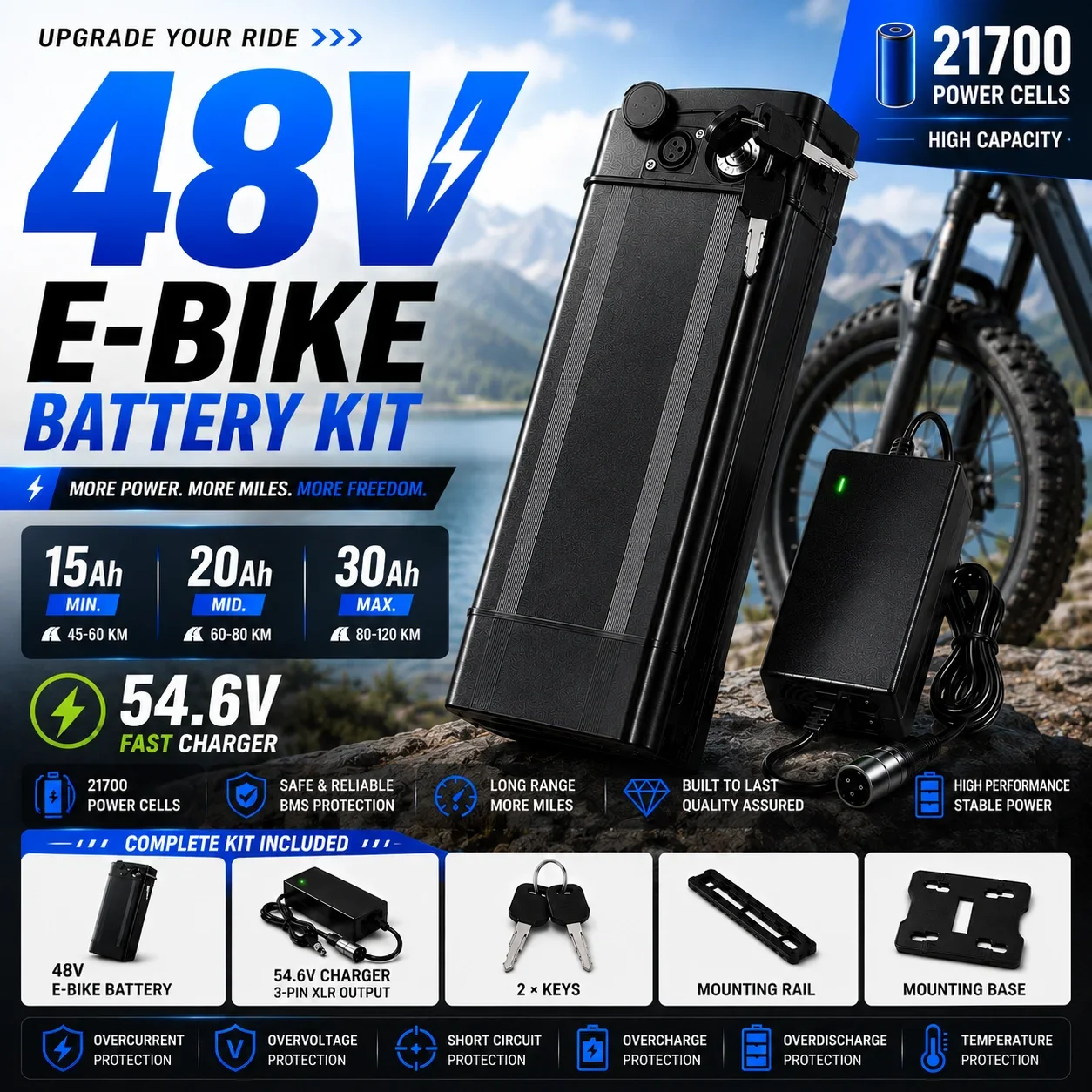 Rscrola HAIBA 48V E-Bike Battery 15Ah 20Ah 30Ah 21700 Li-ion Battery Pack withBMS 54.6V Charger for Electric Bike Conversion Kit