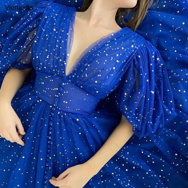 فستان أزرق ملكي برقبة على شكل حرف v وأكمام منتفخة للاحتفال بنجوم ترتر للحفلات الراقصة على شكل حرف a مطوي ثنيات مطرزة فستان سهرة دبي #2