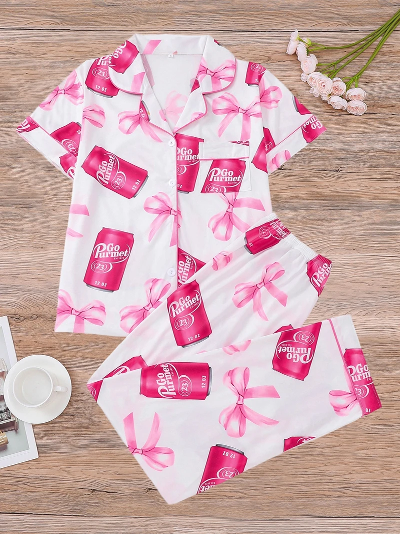 Pigiama in raso con stampa casual con bottoni a maniche corte, top con risvolto e pantaloni larghi, vestibilità estiva, pigiama da donna