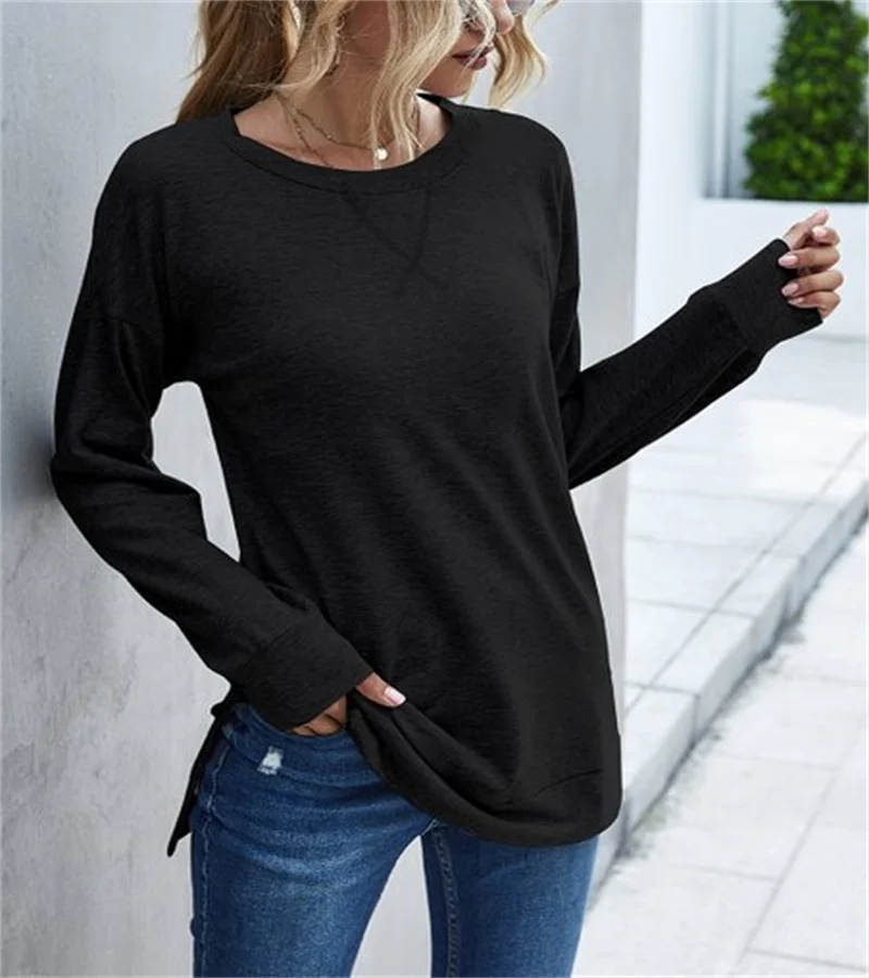 Spring solid color long sleeved round neck t-shirt shirt chest cross hem slit long-sleeved shirt