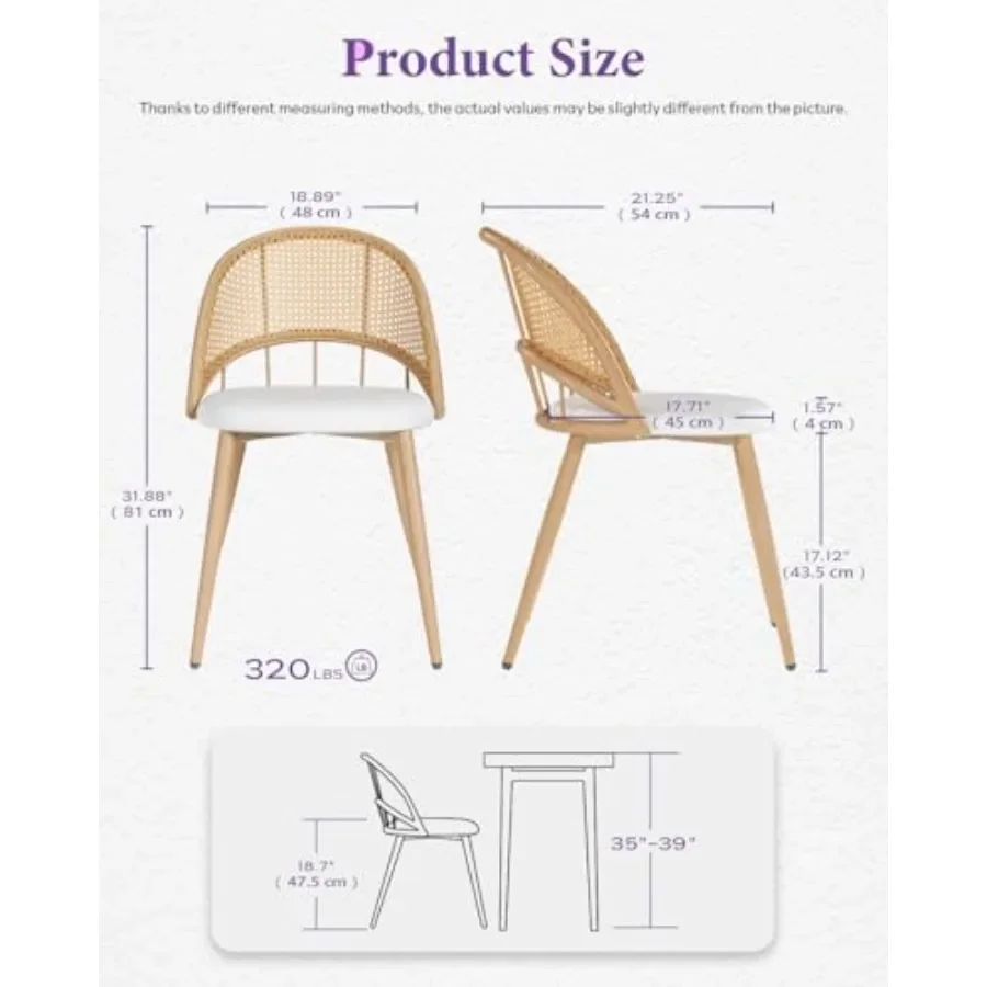 Rattan Dinner Chairs Set of 4 with Faux Leather Cushion, Modern Dining Room Chairs w/Adjustable Feet Pads, Kitchen Boho Chairs