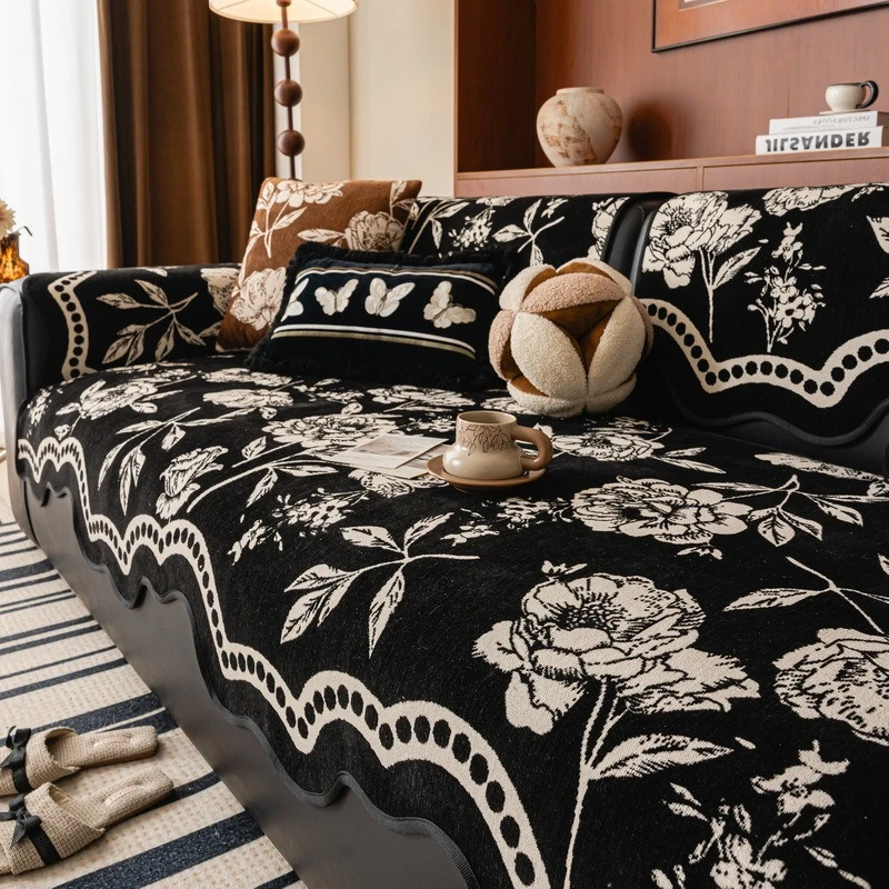 1PC Light Luxury Sofa Cover Chenille Floral Pattern Non-slip Couch Covers All Seasons Universal Sofa Mat Towel for Living Room
