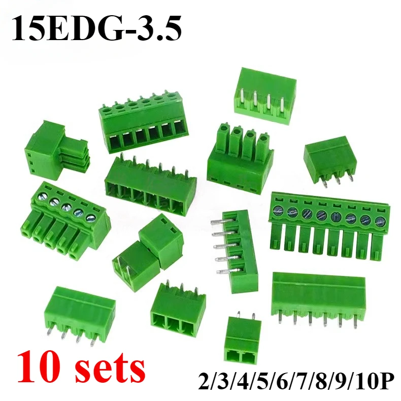 10 Sets 3.5mm Terminal Block Pcb Pluggable Connectors 2/3/4/5/6/7/8/9/10p Right Angle Kf15edg-3.5 Green Rohs