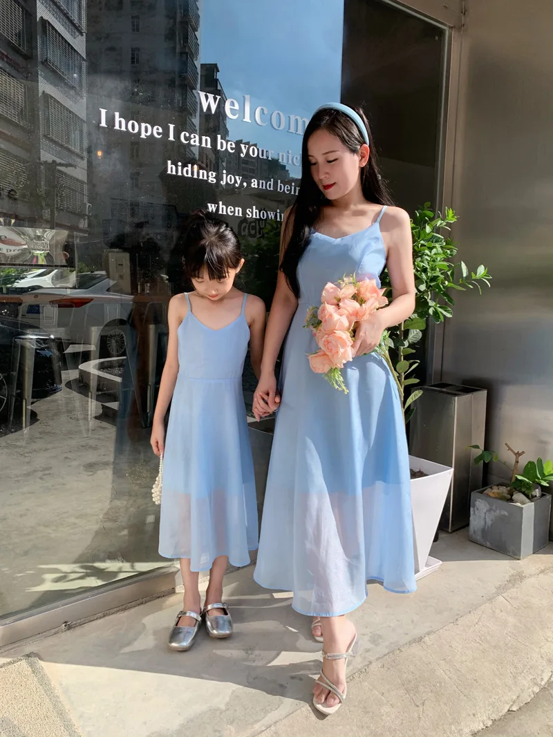 Mother Daughter Matching Dresses Summer Blue Gown Backless Slip Dress for Birthday Party Wedding Beach Family Matching Clothes