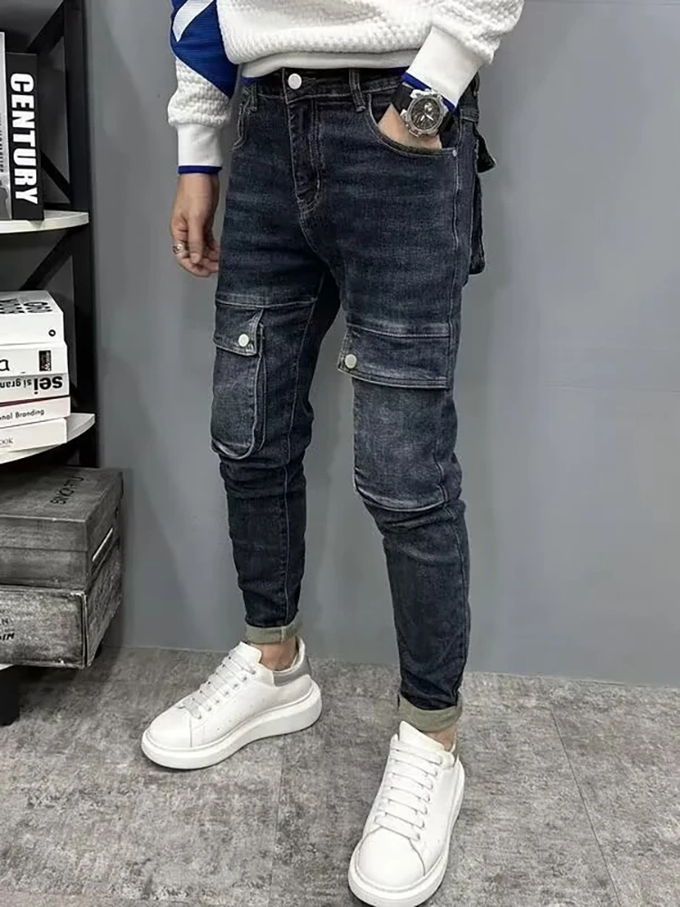 REDDACHIC Retro Stitch Cargo Pockets Men Pencil Pants Blue Wash Distressed Whiskers Slim Denim Long Trousers High Street Clothes