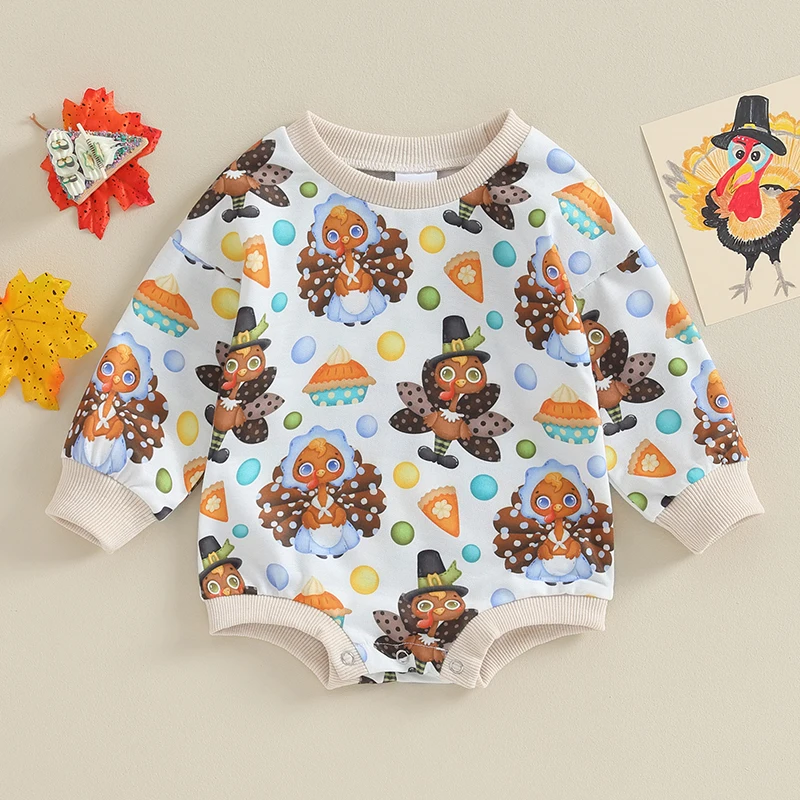 Infant Baby Thanksgiving Sweatshirt Jumpsuit Cartoon Turkey Print Round Neck Long Sleeve Romper Toddler Clothes