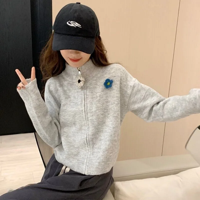 سترة متماسكة المرأة سستة سترة تقسم نصف عالية طوق لاعبا الصلبة الشارع الشهير ملابس خارجية فضفاضة عادية 2025 الخريف