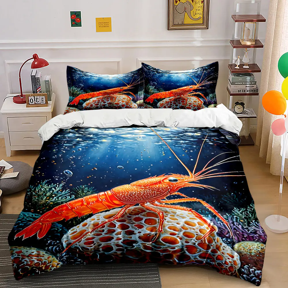 Orange lobster on coral reef Bedding Set for Kids Luxury Gift 3pcs Digital Print Comforter Set Soft Comfortable Breathable