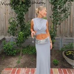 Elegant Sleeveless Draped Crop Tops Sparkly Sequin Floor Length Maxi Skirt Set 2026 NEW Spring Summer Evening Gowns Party Dress