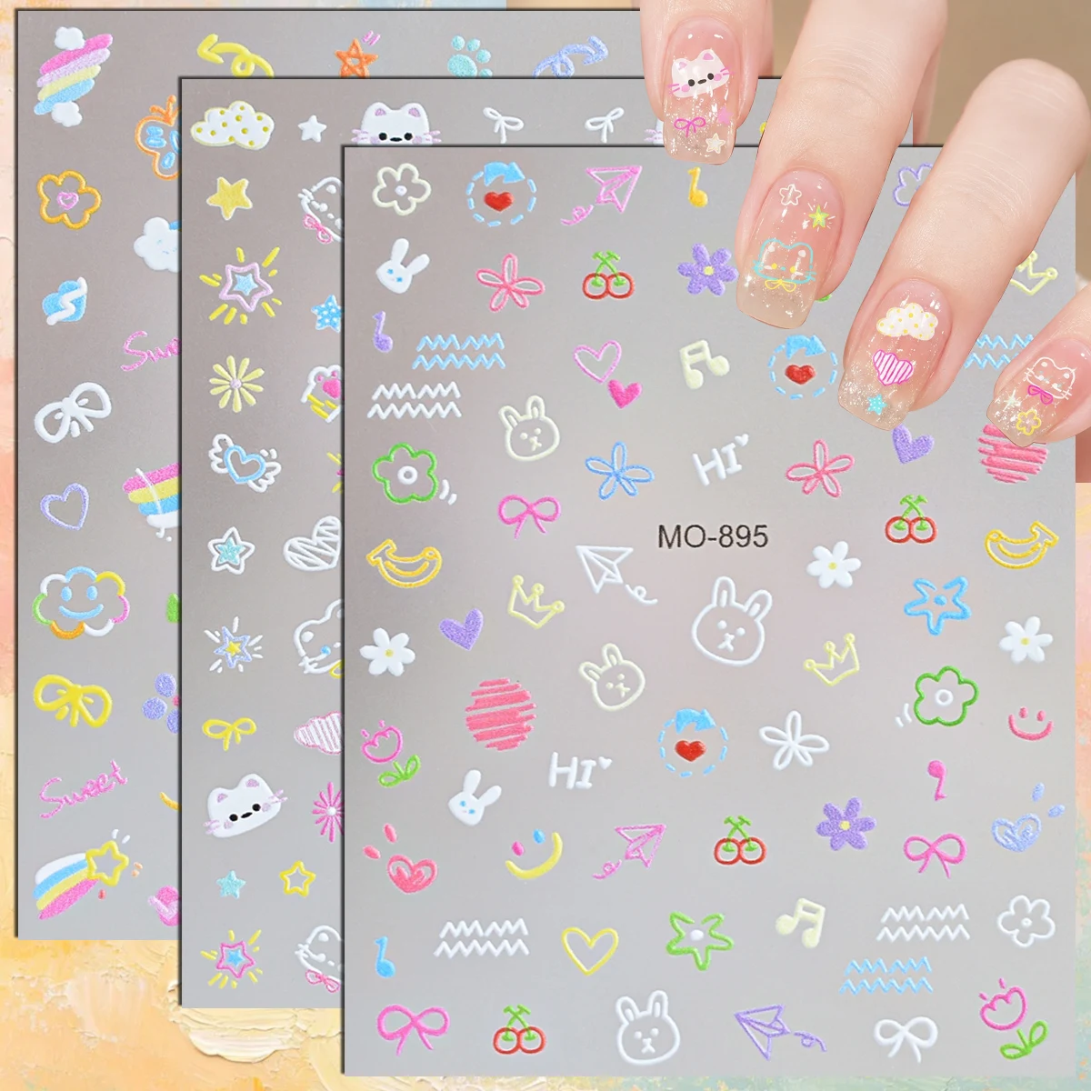 3/6/12 Sheets 5D Colorful Kawaii Doodle Nail Decals Cat Bunny Flower Rainbow Cherry Self-Adhesive DIY Manicure Nail Stickers