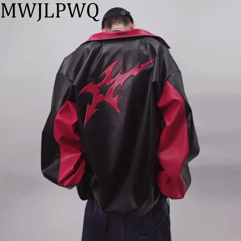 

MWJLPWQ American Color block Hiphop Baseball Leather Jacket Male High Street Retro Oversized Loose Fashion New Autumn Top 010693